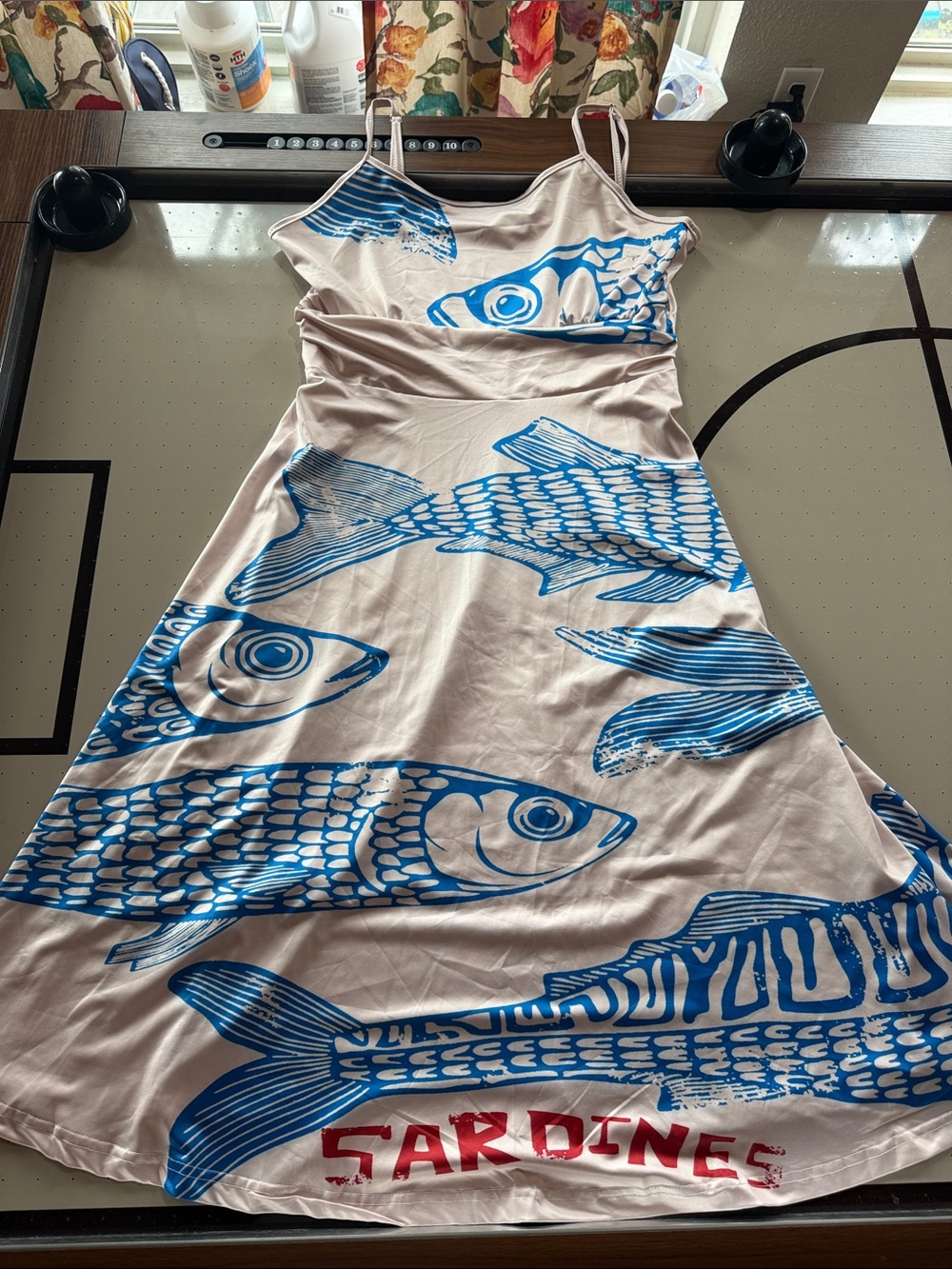 Sardines Print Midi Dress with Blue Graphic on Beige